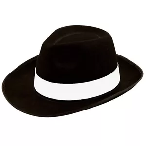 Adult Black Gangster Hat With White Ribbon Al Capone Mafia Fedora Fancy Dress - Picture 1 of 2