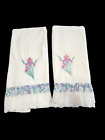 Serviettes de bain en coton blanc Jillian rose brodées rose bleu dentelle florale garniture