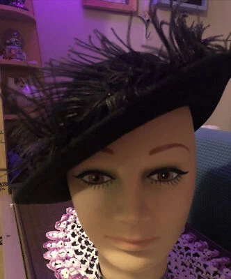 Vintage GLENOVER HENRY POLLACK NY Black Wool Hat With Feathers Flapper Costume - Image 1 of 4