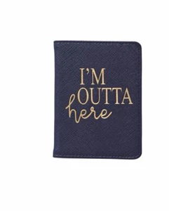 NUOVA TORTA DI FANGO "I'M OUTTA HERE" PORTA PASSAPORTO ECOPELLE BLU NAVY/ORO - Foto 1 di 1