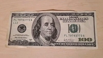 $100 Dollar Bill US Federal Reserve Note 4 kind Fancy Serial #FL 79793773 A 2003 - Image 1 of 2