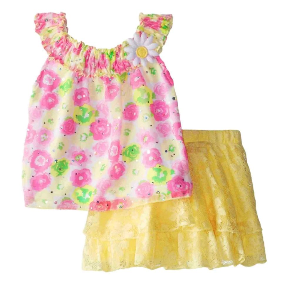 Conjunto de 2 piezas de top floral y traje de scooter con falda amarilla Little Lass para niñas pequeñas Foto 1 de 1