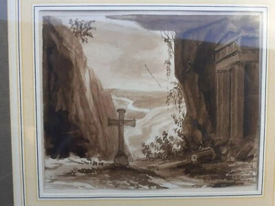 dessin ancien lavis sépia vue de Pétra 19ème voyageur Khazneh croix  - Photo 1/3