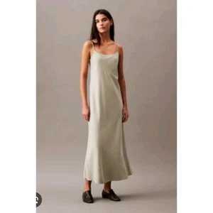 Calvin Klein Satin Slip Dress Women’s Large Green V-Neck Midi Y2K VTG Style EUC - Picture 1 of 7