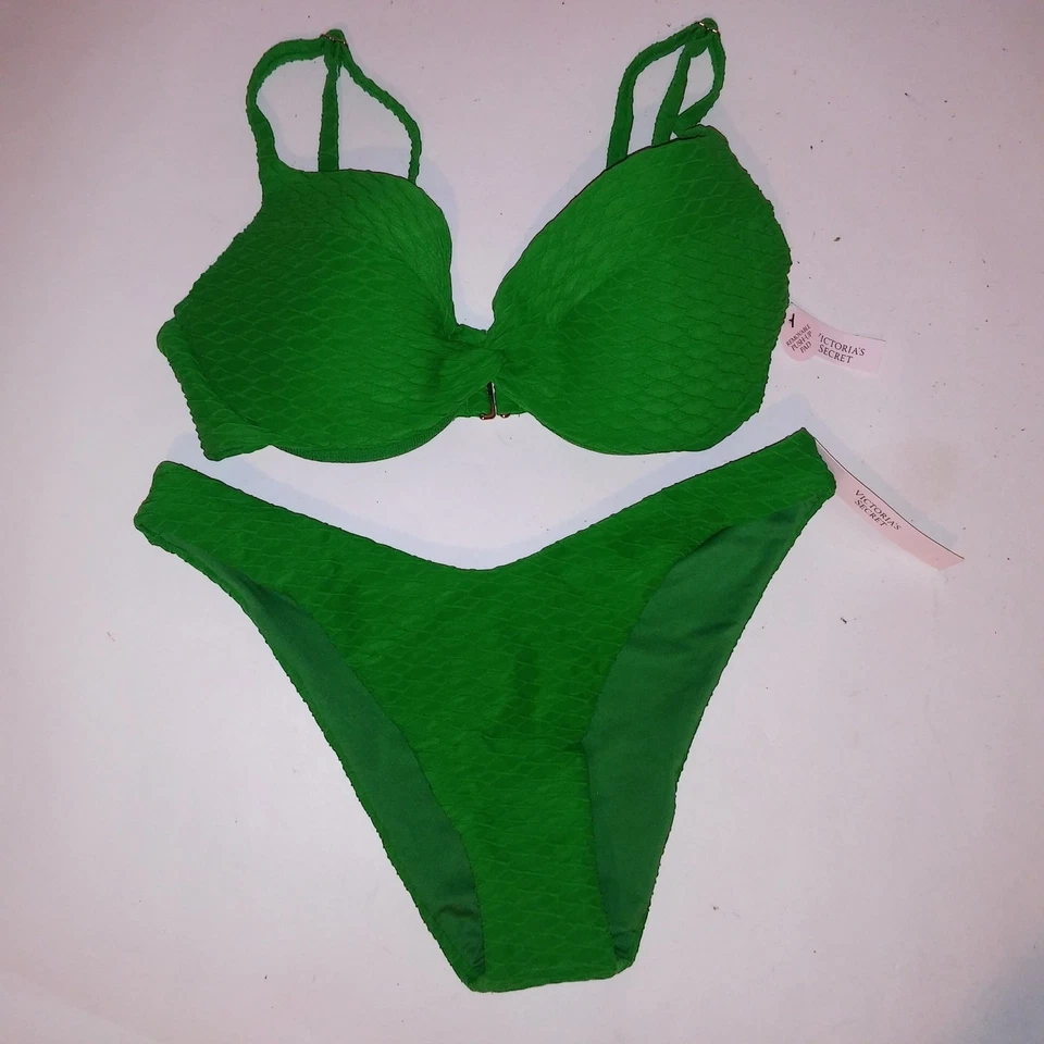 Biquíni de natação Victoria Secret 32D parte superior parte inferior pequena verde texturizado sólido - Imagem 1 de 4