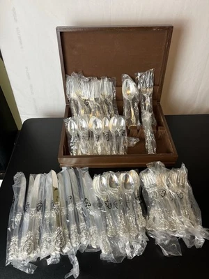 Vintage Rogers Flatware Service Unused READ 56 Pieces Wooden Chest Rose  Shell - Image 1 of 4