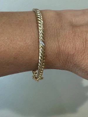 Genuine Diamond Accent Ribbed Design Oval 925 Silver 14kt Bangle Bracelet 6.75" - Image 1 of 4