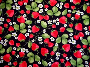 Quilt Fabric 1 1/4 Yard Red Strawberries White Green Floral Black Premium Cotton - Picture 1 of 2