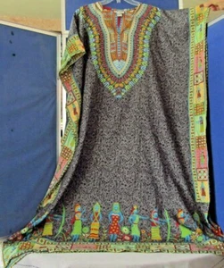EUC Stunning CAFTAN One Size By J GEE Multi-Color BORDER Prnt TRIBAL Women BLING - Imagen 1 de 6