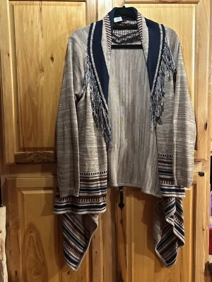 Cárdigan RXB Azul Marino Marrón Gris Crochet Tejido Flecos Grande Suéter Azteca Occidental Foto 1 de 4