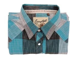 Coastal Mens Large Pearl Snap Button Down Short Sleeve Shirt Black Plaid Western - Picture 1 of 16