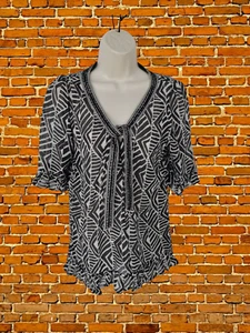 WOMENS MONSOON SIZE UK 8 BROWN BEIGE MIX AZTEC BEADED TIE NECK BLOUSE SHIRT TOP - Picture 1 of 5