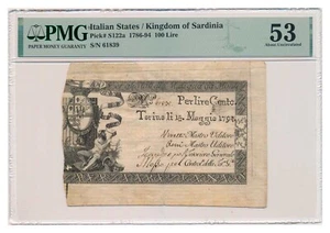 ITALIAN STATES (KINGDOM OF SARDINIA) banknote 100 Lire 1794 PMG grade AU 53 - Picture 1 of 7