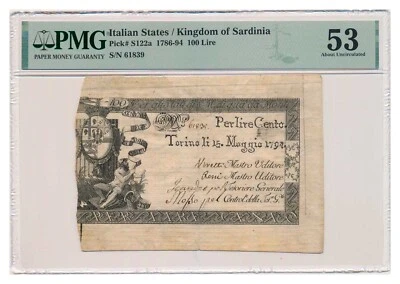 ITALIAN STATES (KINGDOM OF SARDINIA) banknote 100 Lire 1794 PMG grade AU 53 - Image 1 of 4