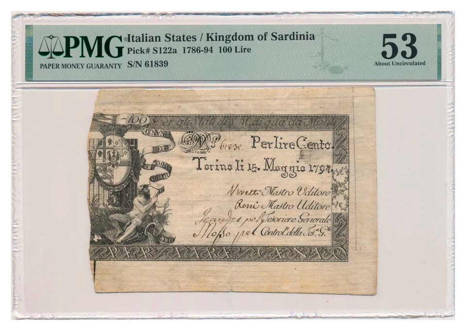 ITALIAN STATES (KINGDOM OF SARDINIA) banknote 100 Lire 1794 PMG grade AU 53 - Image 1 of 4
