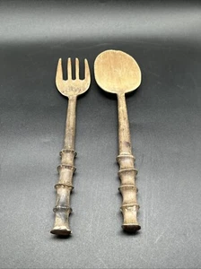 Primitive Spoon And Fork Set Hand Carved Decor Farmhouse Rustic - Picture 1 of 24