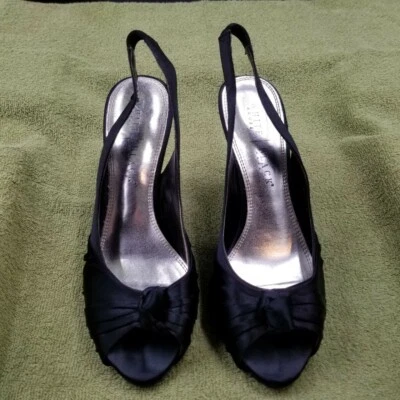 White House Black Market Women's Black Satin Open Toe Sling Back Heels Size 9 - Image 1 of 4