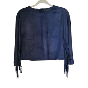Zara Trafaluc Sz L Top Vegan Faux Suede Fringed Navy Blue Fringe Cropped NWT - Picture 1 of 8