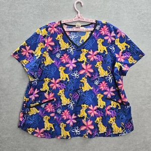 Disney Women Scrub Top 3XL/3XG Blue Floral Lion Short Sleeve Logo Recycled - Picture 1 of 7