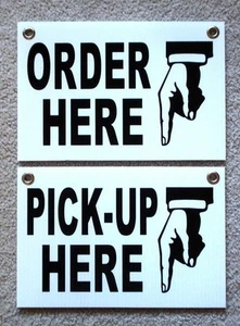 ORDER HERE &  PICK-UP HERE Plastic SIGNS 8X12 w/Grommets Restaurant Black - Picture 1 of 1