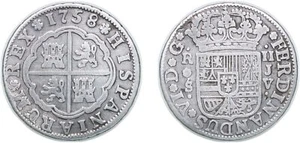 Spain 1758 S JV 2 Reales Silver 833 VF - Picture 1 of 1