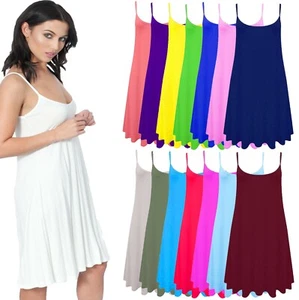 New Ladies Camisole Cami Flared Skater Womens Strappy Vest Top Swing Mini Dress - Picture 1 of 34