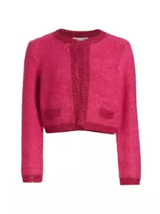 Alice and Olivia Noella Sequin Embellished Bouclé Cardigan Pink Size Small New - Picture 1 of 11