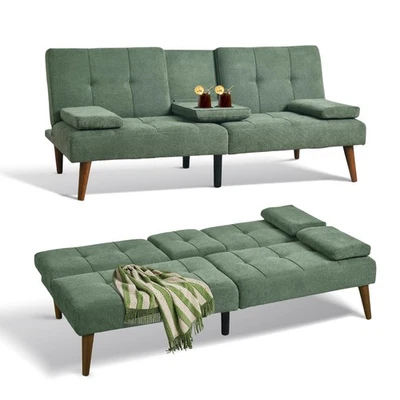 Futon Sofa Bed-Fabric Small Couch, Small Lounge Convertible with 2 Cup Holder... - Image 1 of 4