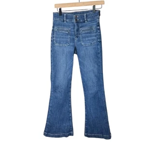 American Eagle Super Hi-Rise Flare Jeans Size 4 Denim Patch Pocket Blue Boho Y2K - Picture 1 of 10