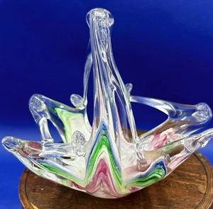 Murano Art Glass Basket Candy Dish Pink, Blue Green 5" Tall With Sticker VTG - Picture 1 of 10