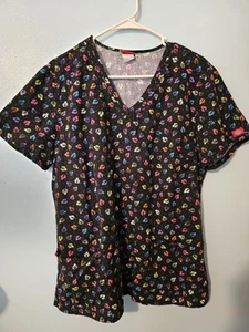 Dickies Brand Multicolor Ladybugs On Black Scrub Top- sz L - Picture 1 of 4