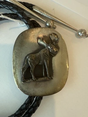 Tony Sanchez из чистого серебра лось Bolo галстук Jackson отверстие WY плетеная кожа - Изображение 1 из 4