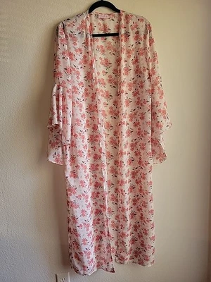 womens Floral Chiffon Open Front kimono Bell Sleeve Size M layering fairy whimsy - Image 1 of 4