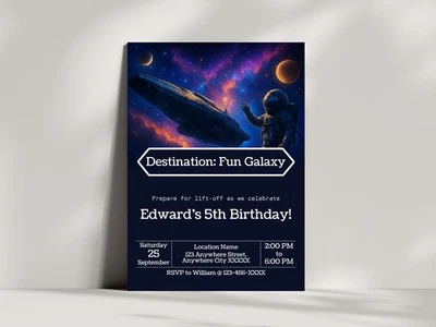 Tarjeta de invitación personalizada para fiesta de cumpleaños tema espacio exterior 5x7 pulgadas Foto 1 de 4