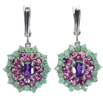 925 Sterling Silver Earrings Oval Amethyst Emerald Rhodolite Gemstone Jewelry - Image 1 of 4