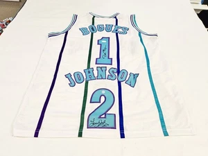 Larry Johnson Mugsy Bogues Charlotte Hornets Dual Autographed Signed Jersey JSA - Picture 1 of 7