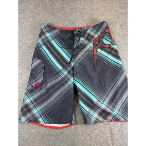 Fox Racing Plaid Board Shorts Mens 31 Navy Beach Cargo Pockets Summer Swim Surf - Picture 1 of 8