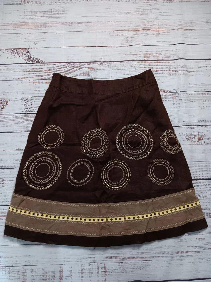 Falda Talbots Mujer’s 6 Marrón Midi Bordada Lino Línea A Forrada Cremallera Foto 1 de 4