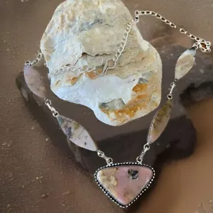 Peruvian Pink Opal Gemstone Necklace -925 Sterling Silver plated-new - Picture 1 of 6