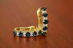 Diamond Hoop Earring 1.20 Ct Oval Lab Created Sapphire 14k Yellow Gold Plated - Picture 1 of 4