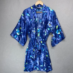 Vintage California Dynasty Robe Medium Blue Floral Tropical Satin Short - Picture 1 of 8