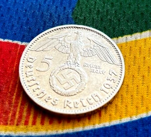 1937 D 5 Mark German WW2 Silver Coin Third Reich Reichsmark - Picture 1 of 2