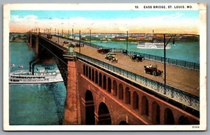Postcard St Louis MO 1927 Eads Bridge Ferries Old Cars Trolley Mississippi River - Foto 1 di 2