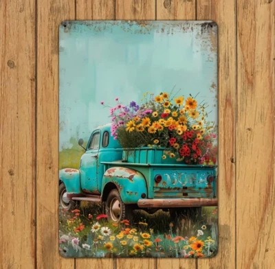 Unique Rustic French Country Vintage Flower Truck  Garden Spring Metal Tin Sign - Image 1 of 3