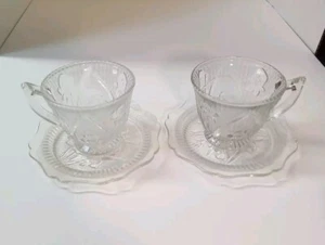 Vintage Jeannette Iris and Herringbone Clear Cups and Saucers - Set of 2 - Picture 1 of 5