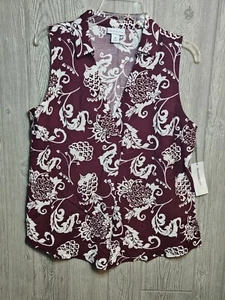 Liz Claiborne Blouse Wild Cherry Scroll Sleeveless Sz M Collar, Pleated Front - Picture 1 of 6
