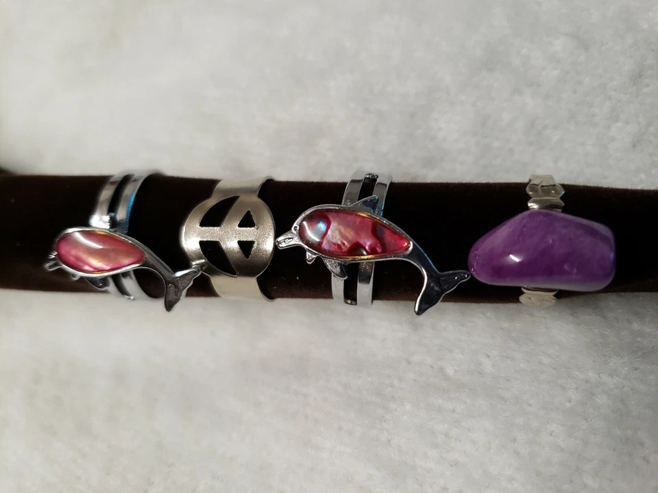 Girls/Teens Rings (Set Of 4) Beautiful Dolphin, Peace Sign & Purple Stone  - Image 1 of 4