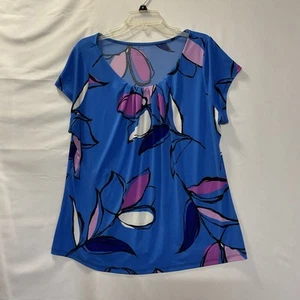 Worthington - 1X Blusa Para Mujer Plisada Frontal Azul Abstracto Floral Manga Corta - Imagen 1 de 7