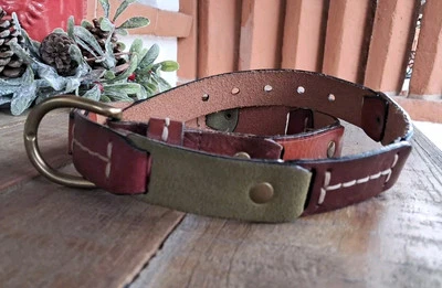 Cinto vintage artes e artesanato marrom bronzeado verde costura grossa tamanho pequeno fivela de latão  - Imagem 1 de 4