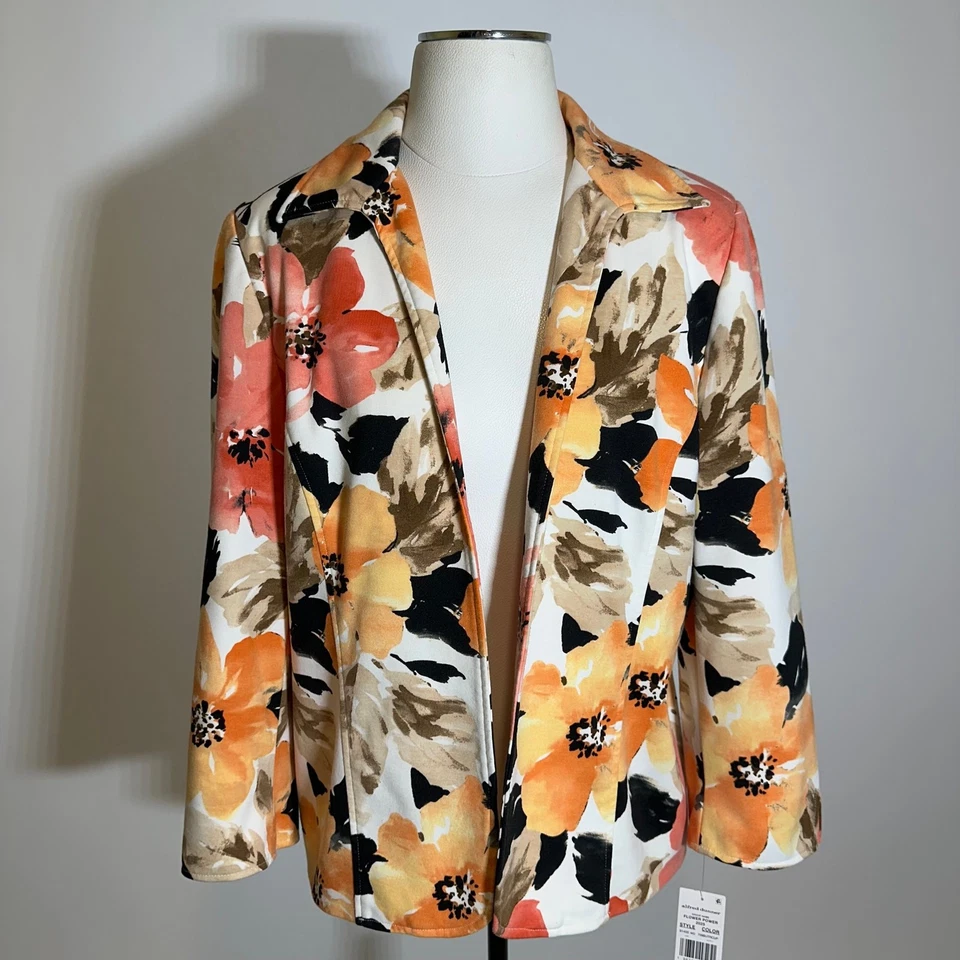 全新带标签 Alfred Dunner Peach 热带花卉西装夹克 女式 8 码 职业生涯 — 第 1/4 张图片